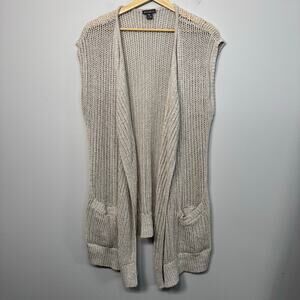 Eddie Bauer Crochet Open Knit Cardigan Beige Sleeveless Boho Coastal Beachy